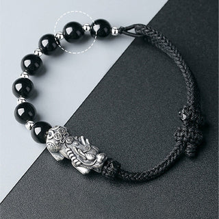 Buddha Gift 999 Sterling Silver FengShui PiXiu Natural Black Obsidian 925 Sterling Silver Bead Strength Bracelet