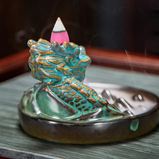 Buddha Gift Dragon Pattern Ceramic Backflow Smoke Fountain Incense Burner Decoration