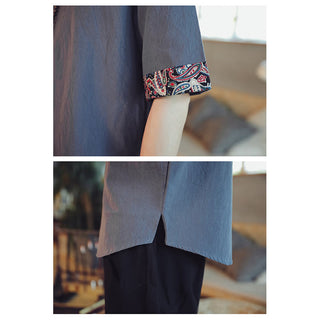 Buddha Gift Frog-Button Dragon Embroidery Chinese Tang Suit Short Sleeve Shirt Linen Men Clothing