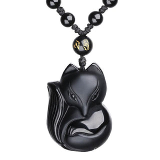Buddha Gift Natural Black Obsidian Tiger Eye Ice Obsidian Fox Pendant Amulet Necklace