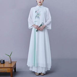 Buddha Gift 2Pcs Flower Three Quarter Sleeve Midi Dress Skirt Chiffon Zen Clothing Women's Set