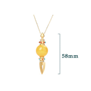 Buddha Gift 24K Gold Plated Amber Dorje Vajra Clear Anxiety Necklace Pendant