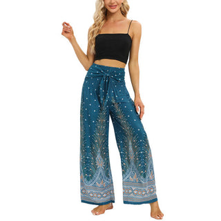 Buddha Gift Boho Peacock Feathers Lace-up Wide Leg Pants Women's Yoga Pants