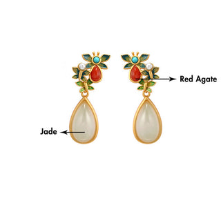Buddha Gift Water Drop White Jade Red Agate Butterfly Protection Drop Dangle Earrings