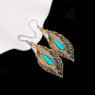 Buddha Gift 925 Sterling Silver Turquoise Bodhi Leaf Pattern Protection Drop Dangle Earrings