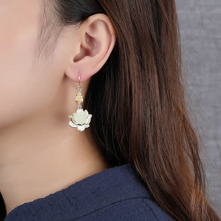 Buddha Gift White Jade Protection Harmony Drop Earrings