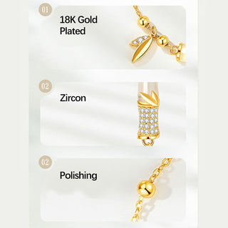 Buddha Gift 925 Sterling Silver 18K Gold Plated White Jade Bamboo Zircon Leaf Luck Bracelet