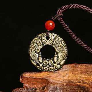 Buddha Gift Gold Sheen Obsidian Peace Buckle Pixiu Copper Coin Wealth Necklace Pendant