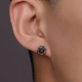 Buddha Gift 925 Sterling Silver Natural Amber Dragon Success Protection Stud Earring