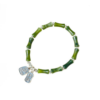 Buddha Gift 925 Sterling Silver Bamboo Jade Lucky Cat Fu Character Luck Abundance Bracelet