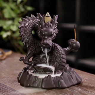 Buddha Gift Auspicious Dragon Ceramic Backflow Smoke Fountain Meditation Healing Incense Burner Led Ball Decoration