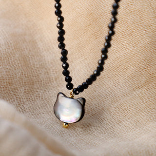 Buddha Gift Black Spinel Cute Cat Motivate Choker Necklace