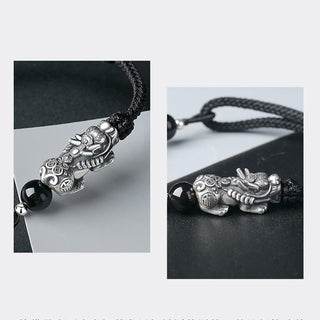 Buddha Gift 999 Sterling Silver FengShui PiXiu Natural Black Obsidian 925 Sterling Silver Bead Strength Bracelet
