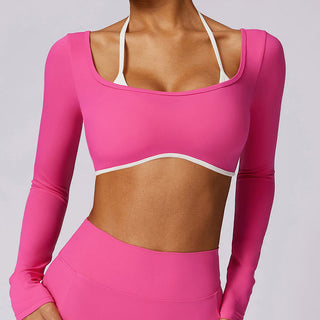 Buddha Gift Solid Color Halter Neck Bra Long Sleeve Crop Tank Top Pants Sports Fitness Gym Yoga Outfits