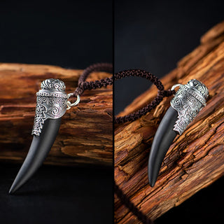 Buddha Gift 925 Sterling Silver Black Obsidian Wolf Tooth Pattern Strength Necklace Pendant