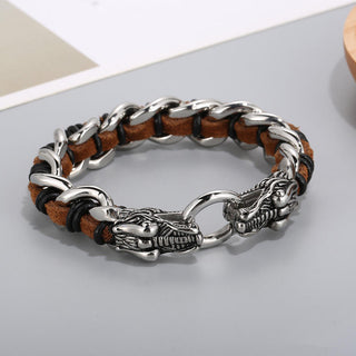 Buddha Gift Dragon Leather Titanium Steel Protection Luck Braided Bracelet