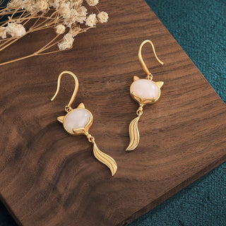 Buddha Gift FengShui White Jade Fox Fortune Earrings