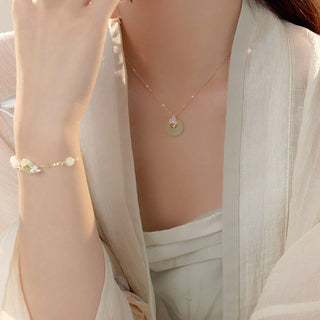 Buddha Gift 925 Sterling Silver Natural Hetian Jade Peace Buckle Orchid Luck Bracelet Necklace Pendant Set