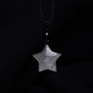 Buddha Gift Natural Silver Sheen Obsidian Star Crescent Moon Protection Necklace Pendant