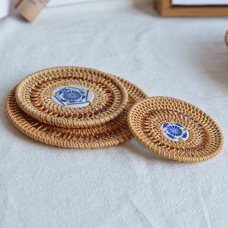 Buddha Gift Ceramic Flower Pattern Rattan Cup Mat Tea Cup Coaster