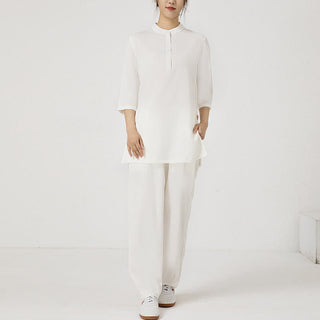 Buddha Gift 2Pcs Solid Color Three Quarter Shirt Top Pants Meditation Zen Tai Chi Cotton Linen Clothing Women's Set