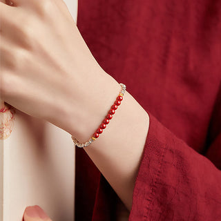 Buddha Gift 925 Sterling Silver Cinnabar Fu Character Blessing Bracelet