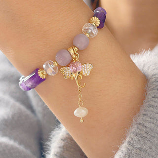 Buddha Gift Amethyst Green Aventurine Strawberry Quartz Positive Elephant Charm Bracelet