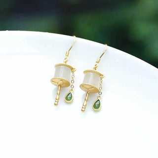 Buddha Gift 925 Sterling Silver Jade Prayer Wheel Luck Drop Earrings