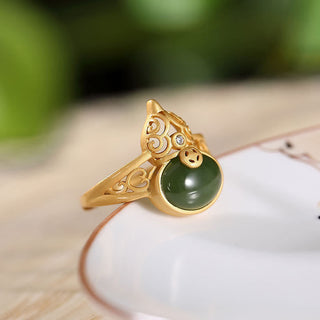 Buddha Gift Gourd Cyan Jade Copper Coin Success Luck Adjustable Ring