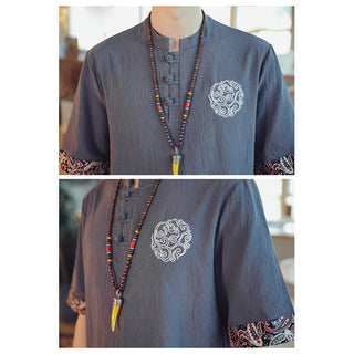 Buddha Gift Frog-Button Dragon Embroidery Chinese Tang Suit Short Sleeve Shirt Linen Men Clothing