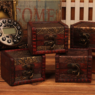 Buddha Gift Retro Small Square Wood Jewelry Box Lotus Grass Flower Grape Copper Coin Daffodil Jewelry Storage Box