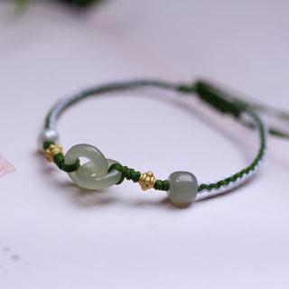 Buddha Gift 925 Sterling Silver Hetian Jade Double Peace Buckle Luck Braided Bracelet