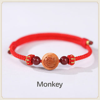 Buddha Gift Natural Peach Wood Chinese Zodiac Fu Character Carved Cinnabar Wealth Bracelet
