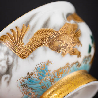 Buddha Gift Golden Eagle Auspicious Dragon Sun Ocean Waves Gilt Ceramic Teacup Kung Fu Tea Cup