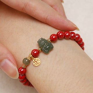 Buddha Gift 925 Sterling Silver Year of the Dragon Natural Cinnabar Hetian Jade Dragon Fu Character Ruyi As One Wishes Charm Blessing Bracelet