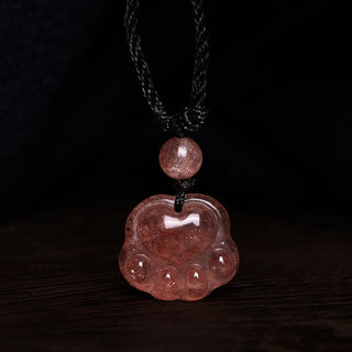 Buddha Gift Strawberry Quartz Lovely Cat Paw Claw Healing Necklace Pendant