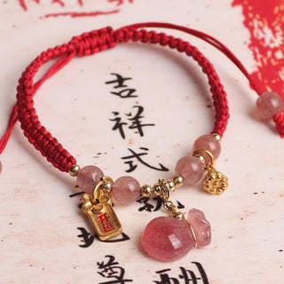 Buddha Gift Natural Strawberry Quartz Money Bag Lotus Healing Charm Red String Braided Bracelet