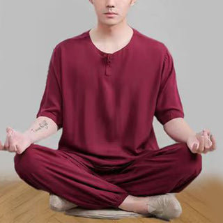 Buddha Gift 2Pcs Half Sleeve T-Shirt Pants Meditation Zen Tai Chi Cotton Linen Clothing Unisex Set