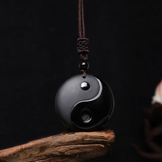 Buddha Gift Black Obsidian Taoism Five Sacred Mountains Nine-Character Mantra Carved Purification Yin Yang Necklace Pendant
