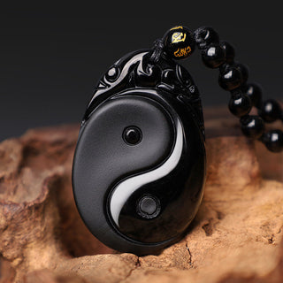 Buddha Gift Natural Black Obsidian Yin Yang Fulfilment Strength Necklace Pendant