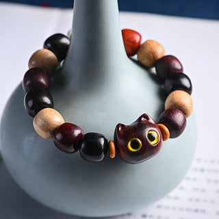 Buddha Gift Small Leaf Red Sandalwood Ebony Wood Cute Cat Engraved Protection Bracelet