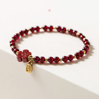 Buddha Gift 14K Gold Natural Garnet Cinnabar Flower Calm Bracelet