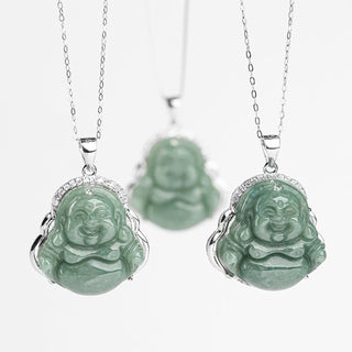 Buddha Gift 925 Sterling Silver Laughing Buddha Jade Abundance Necklace Chain Pendant