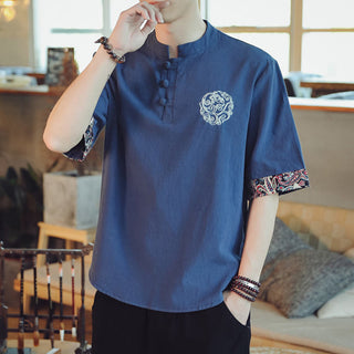 Buddha Gift Frog-Button Dragon Embroidery Chinese Tang Suit Short Sleeve Shirt Linen Men Clothing