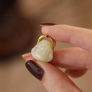 Buddha Gift 925 Sterling Silver Natural Hetian Jade Laughing Buddha Abundance Chain Necklace Pendant