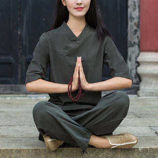 Buddha Gift 2Pcs Half Sleeve V-Neck Shirt Top Pants Meditation Zen Tai Chi Linen Clothing Women's Set