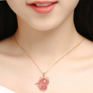 Buddha Gift 14k Gold Plated 925 Sterling Silver Strawberry Quartz Fox Healing Necklace Pendant