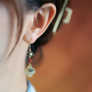 Buddha Gift Lucky Four Leaf Clover Jade Abundance Copper Earrings