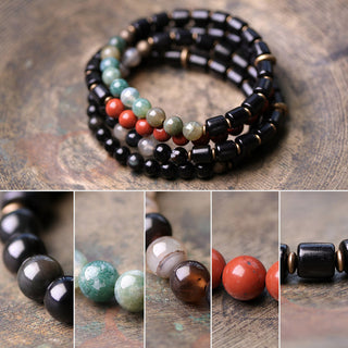 Buddha Gift Ebony Wood Red Jasper Moss Agate Crystal Copper Peace Couple Bracelet
