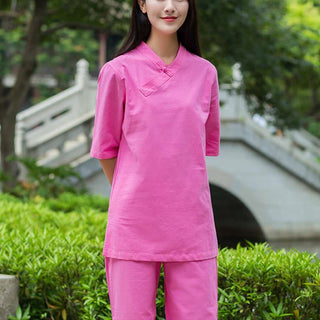 Buddha Gift 2Pcs Half Sleeve V-Neck Shirt Top Pants Meditation Zen Tai Chi Linen Clothing Women's Set